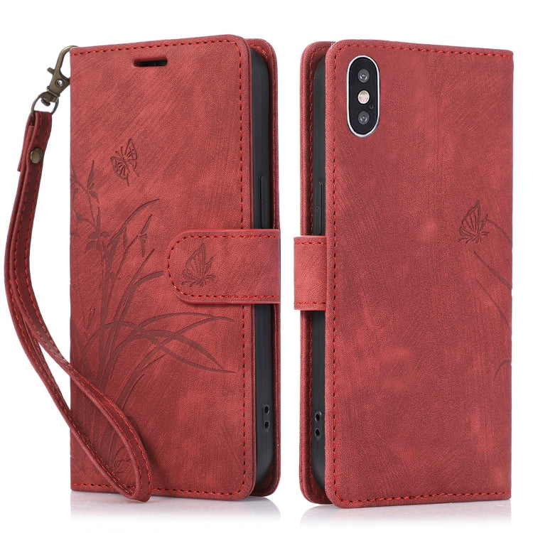 Red Orchid Butterfly Embossed Leather Phone Case for iPhone XS Max, showcasing its elegant design and functional features.